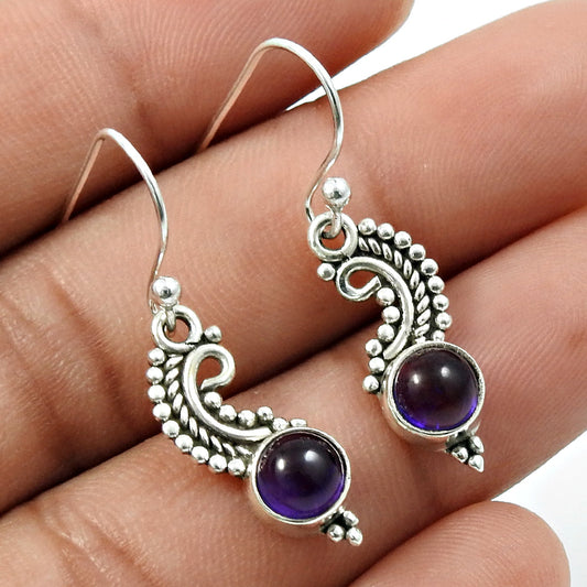 Natural Amethyst Solid Sterling Silver Antique Look Dangle Crown Chakra Earrings