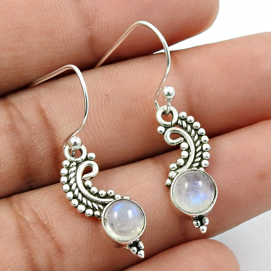 Rainbow Moonstone Stone Antique Look Dangle Drop Earrings Solid Sterling Silver