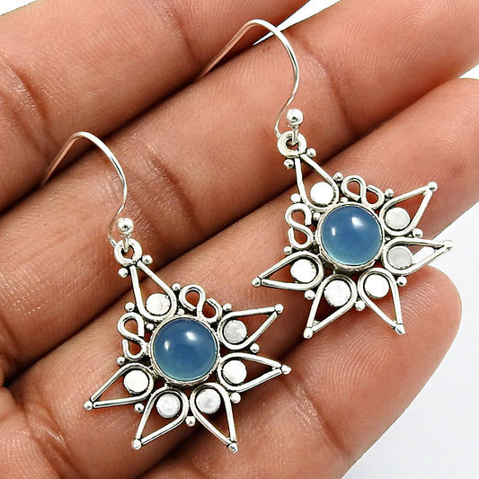 Gift For Her Natural Blue Chalcedony Gemstone Earrings 925 Silver Jewelry