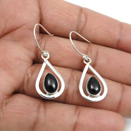 Black Onyx Gemstone 925 Solid Silver Dangle Drop Wedding Root Chakra Earrings