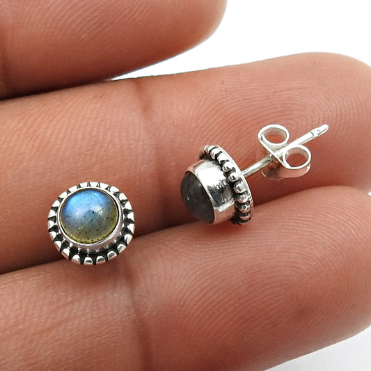 Natural Labradorite Gemstone Stud Earrings 925 Sterling Silver For Women N8