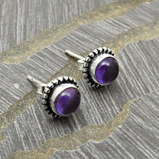 Gift For Her Natural Amethyst Stone Stud Earrings 925 Sterling Silver Jewelry