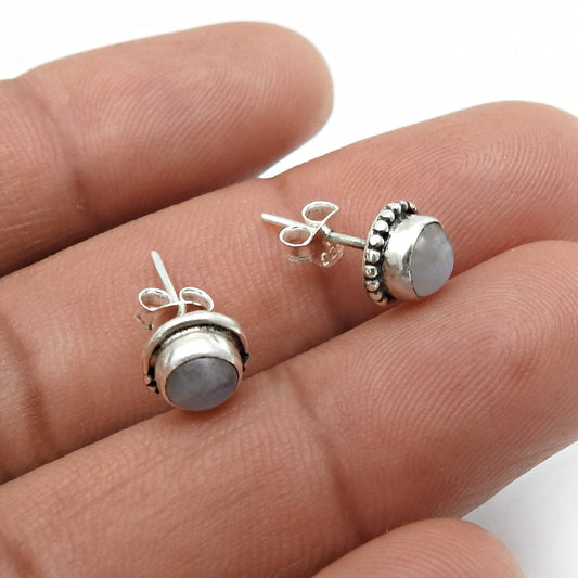 Round Natural Rainbow Moonstone 925 Silver Stud Post Sister Birthday Earrings