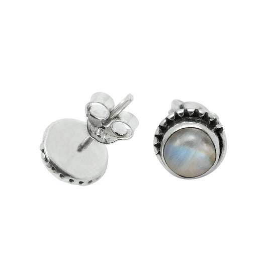 Round Natural Rainbow Moonstone 925 Silver Stud Post Sister Birthday Earrings