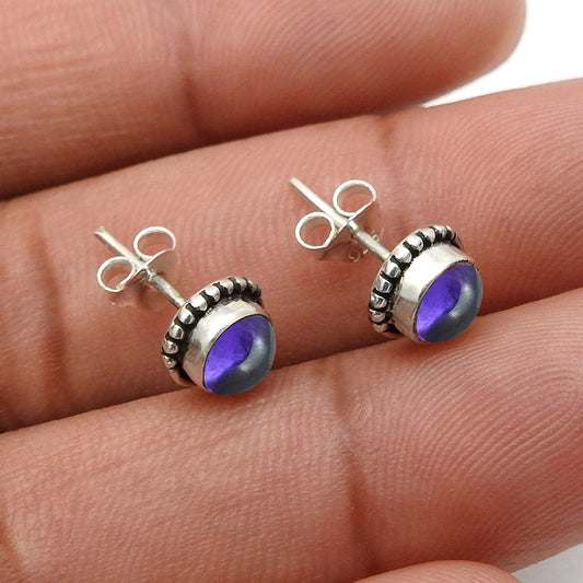 Round Natural Amethyst 925 Sterling Silver Bezel Elegant Wedding Stud Earrings