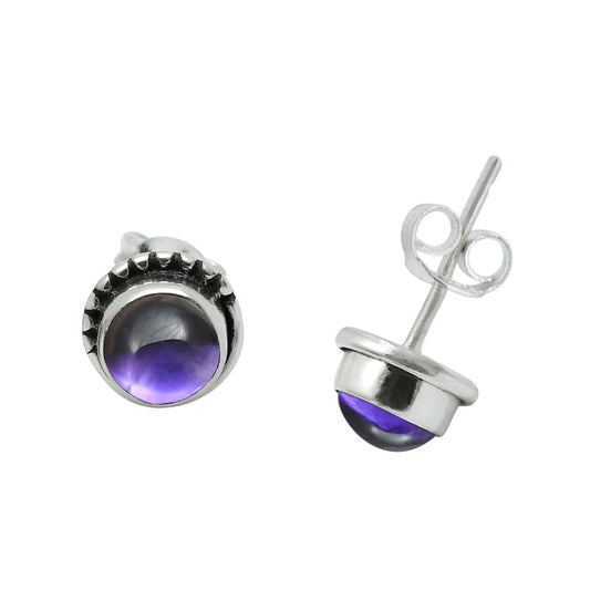 Round Natural Amethyst 925 Sterling Silver Bezel Elegant Wedding Stud Earrings