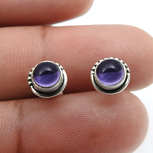 Round Natural Amethyst 925 Sterling Silver Bezel Elegant Wedding Stud Earrings