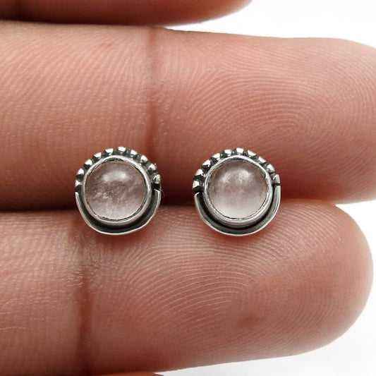 Round Rose Quartz Gemstone Solid Silver Birthday Elegant Stud Post New Earrings