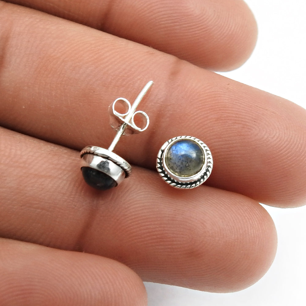 Third Eye Chakra Labradorite Gemstone 925 Solid Silver Bezel Stud Wife Earrings