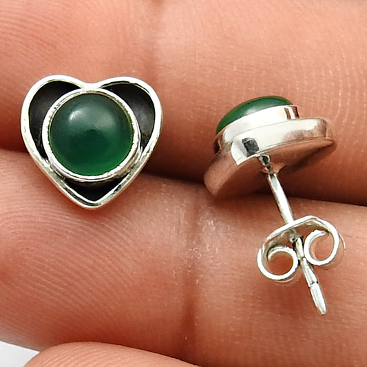 Natural Green Onyx Gemstone Stud Heart Green Earrings 925 Sterling Silver Jewelry I9