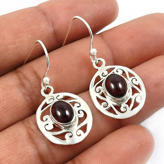 Woman Gift Natural Garnet Drop Dangle Boho Earrings 925 Sterling Silver Q1