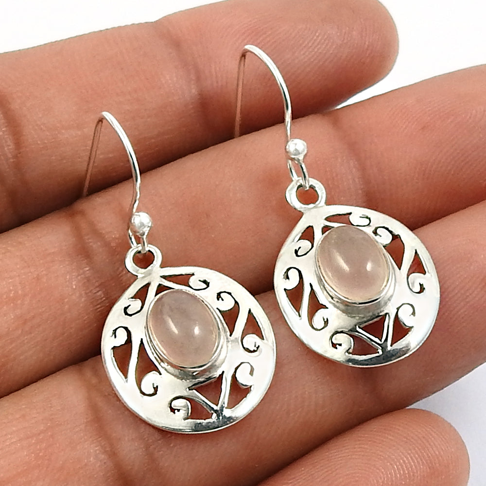 Woman Gift 925 Silver Natural Rose Quartz Drop Dangle Tribal Earrings S9