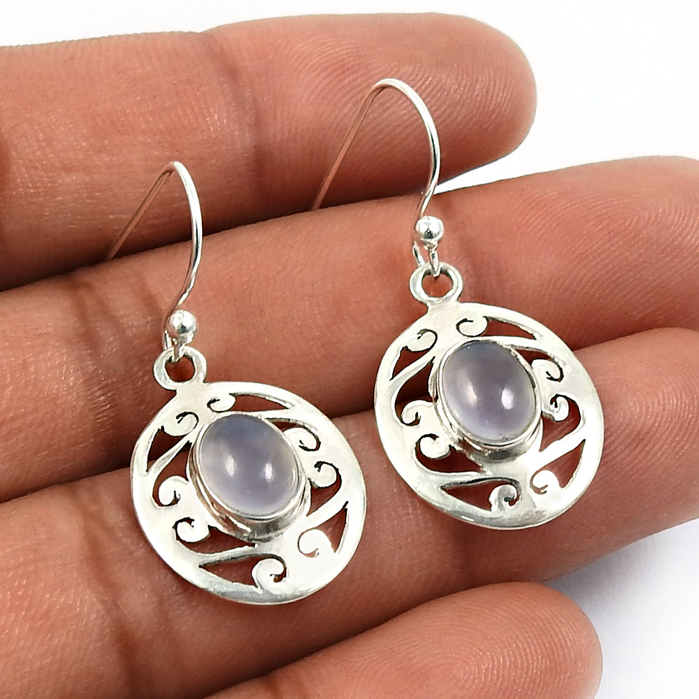 Woman Gift 925 Silver Natural Chalcedony Gemstone Drop Dangle Earrings T9