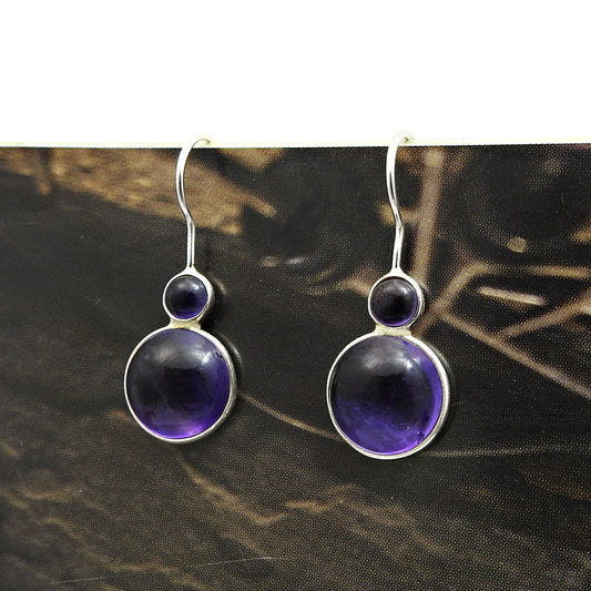 Round Natural Amethyst 925 Solid Silver Bohemian Bezel Dangle February Earrings