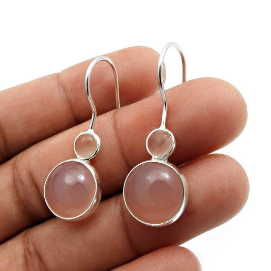 Round Rose Quartz Gemstone Solid Sterling Silver Tribal Hook Dangling Earrings