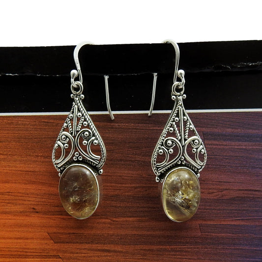 Woman Gift Natural Citrine Drop Dangle Ethnic Earrings 925 Silver B17