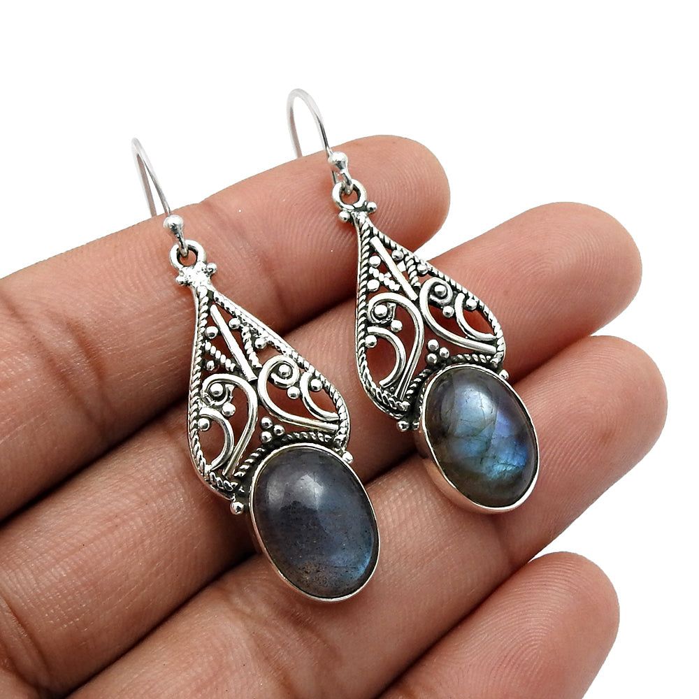 Oval Labradorite Stone Unique Wedding Dangling Tribal Earrings 925 Solid Silver