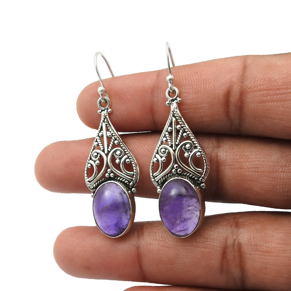 Gift For Woman Drop Dangle Ethnic Earrings 925 Silver Natural Amethyst F17