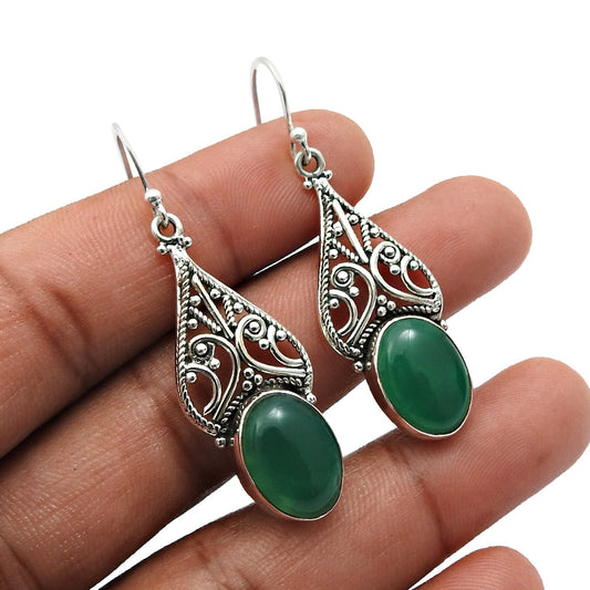 Natural Green Onyx Gemstone Drop Dangle Boho Green Earrings 925 Sterling Silver L10