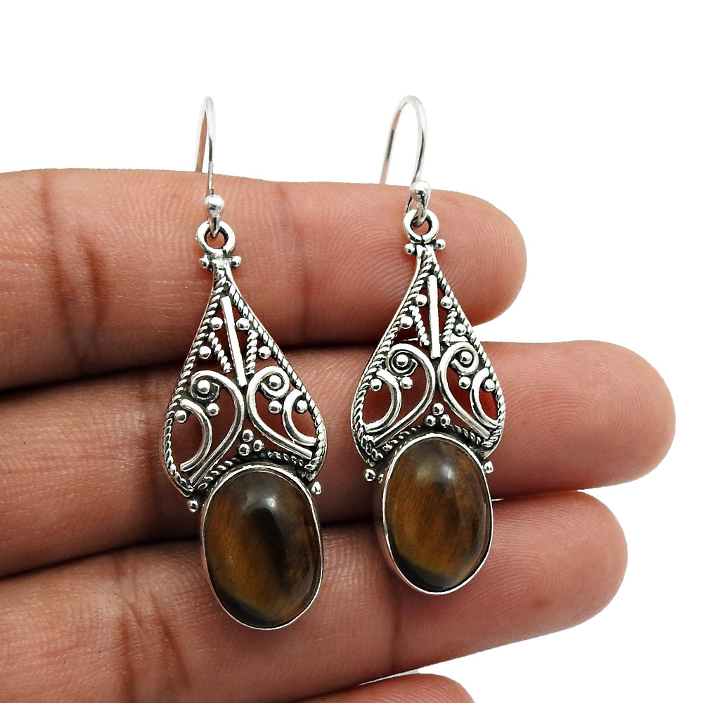 Natural Tiger Eye 925 Silver Drop Dangle Vintage Earrings For Women M10