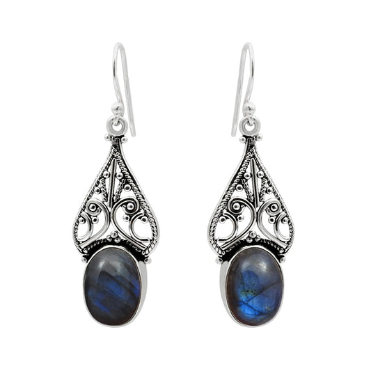 Oval Labradorite Stone Unique Wedding Dangling Tribal Earrings 925 Solid Silver