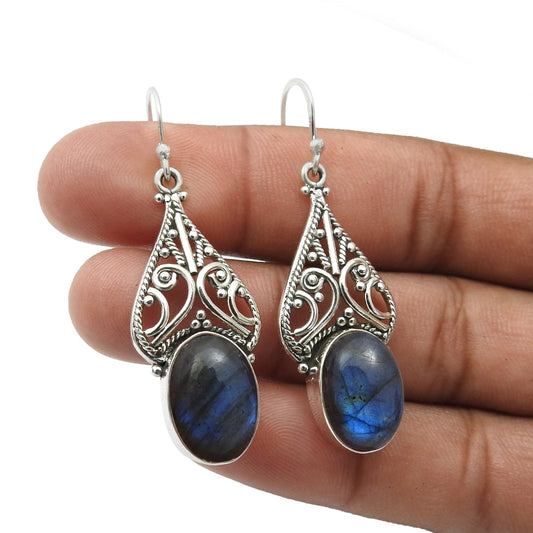 Oval Labradorite Stone Unique Wedding Dangling Tribal Earrings 925 Solid Silver