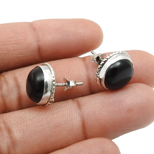 Natural Black Onyx Gemstone Jewelry 925 Sterling Silver Stud Earrings For Women B20