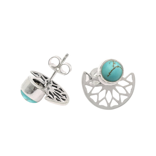 Round Turquoise Stone Solid Sterling Silver Mother Butterfly Stud Post Earrings