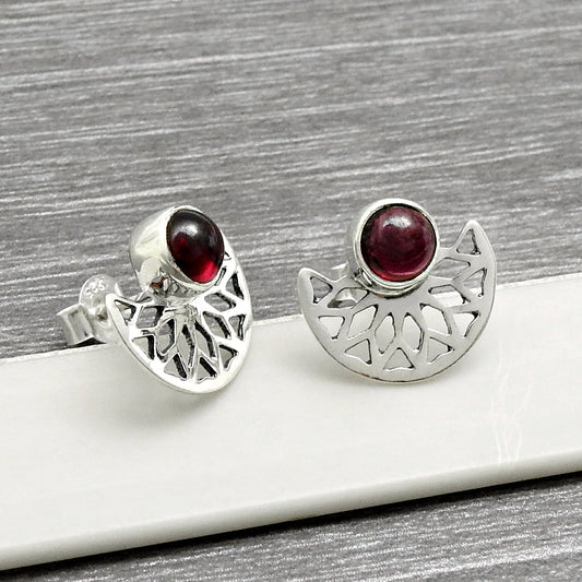 Round Root Chakra Garnet Gemstone 925 Solid Silver Bezel Stud Birthday Earrings