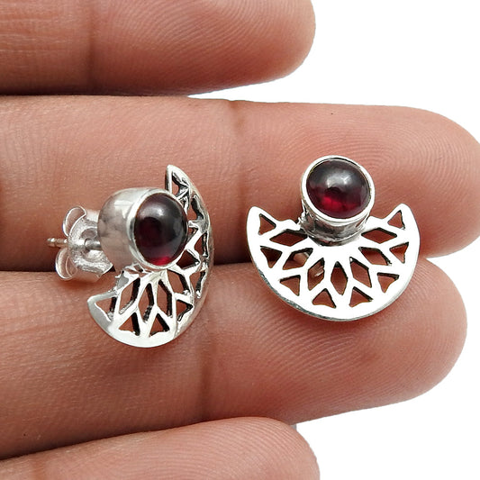 Round Root Chakra Garnet Gemstone 925 Solid Silver Bezel Stud Birthday Earrings