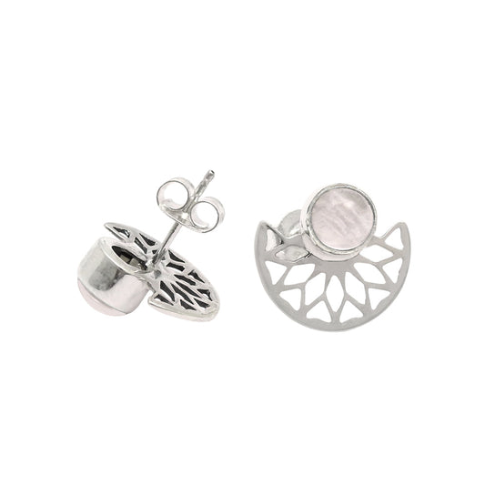 Round Rose Quartz Stone Stud Handcrafted Bezel Ethnic Earrings 925 Solid Silver