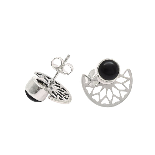 Root Chakra Natural Black Onyx Boho Sister Stud Bezel Earrings 925 Solid Silver