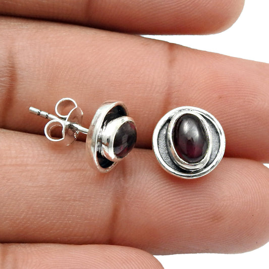 Oval Garnet Stone Ethnic Stud Butterfly Root Chakra Wife Earrings Solid Silver