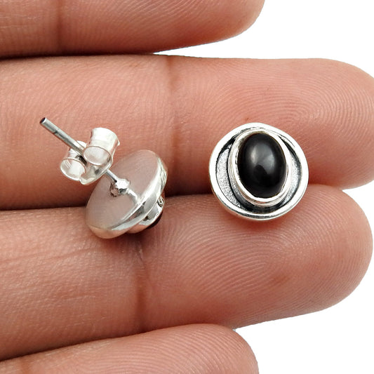 Oval Natural Black Onyx 925 Sterling Silver Bezel Artisan Stud Post New Earrings