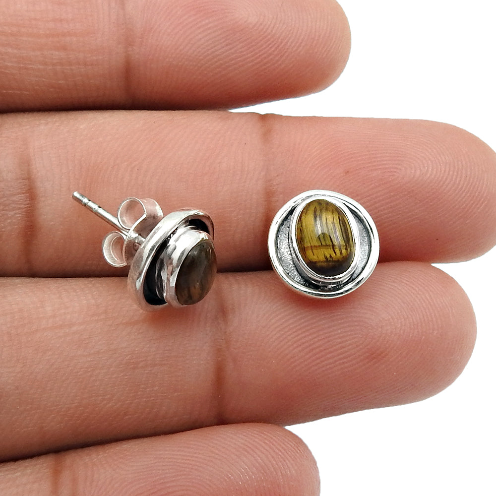 Oval Tiger Eye Stone Solid Sterling Silver Elegant Anniversary Stud Earrings