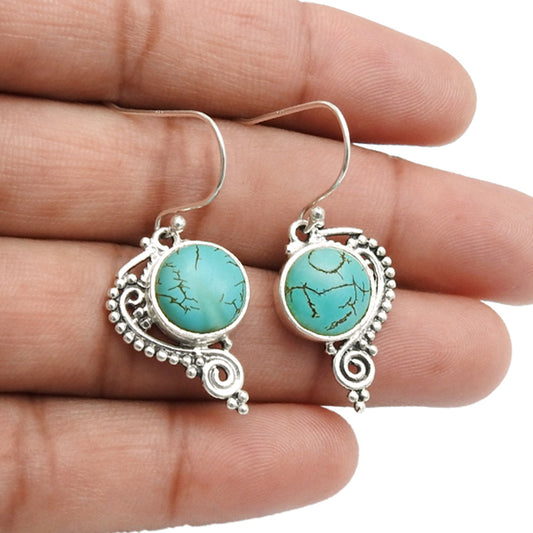 Round Turquoise Gemstone 925 Sterling Silver Unique Drop Birthday Bezel Earrings