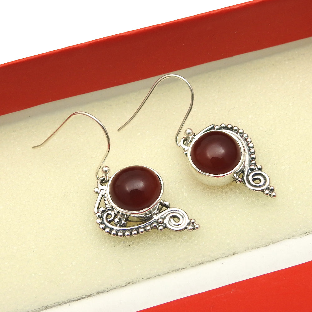 Round Carnelian Gemstone 925 Silver Drop Dangle Bezel Elegant Trendy Earrings