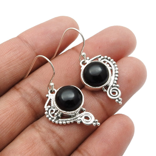 Round Natural Black Onyx Unique Dangle Bezel Hook Earrings Solid Sterling Silver