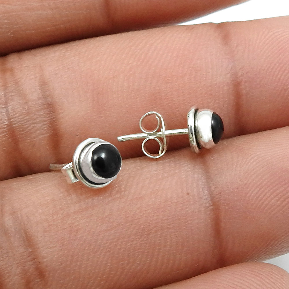 Round Black Onyx Stone Bezel Stud Post Root Chakra New Earrings 925 Solid Silver