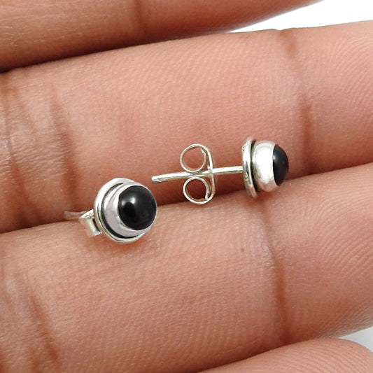 Round Black Onyx Stone Bezel Stud Post Root Chakra New Earrings 925 Solid Silver