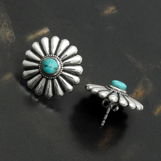 Round Natural Turquoise Sterling Silver Bezel Stud Post Butterfly Wife Earrings