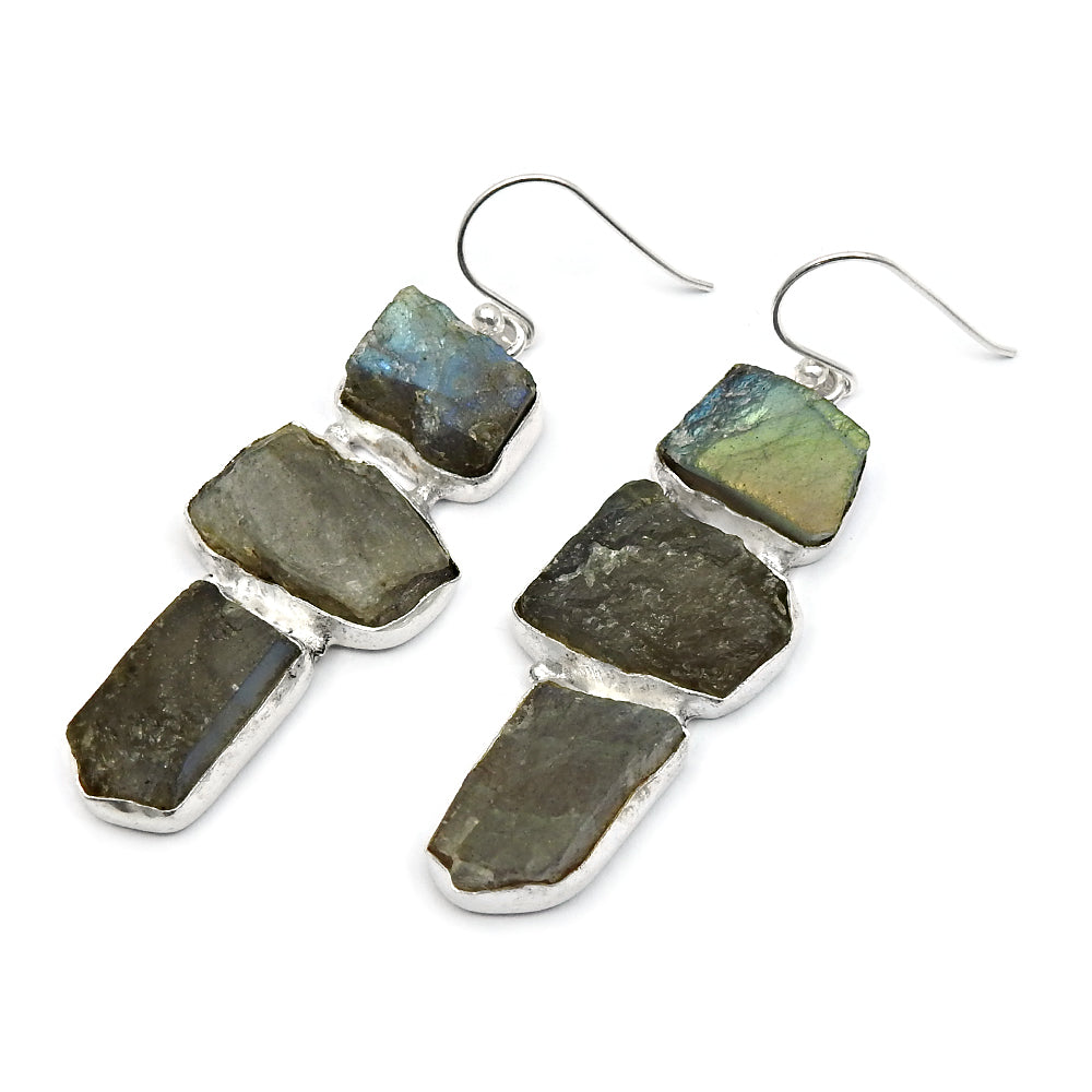 Rough Stone Natural Labradorite 925 Sterling Silver Earrings