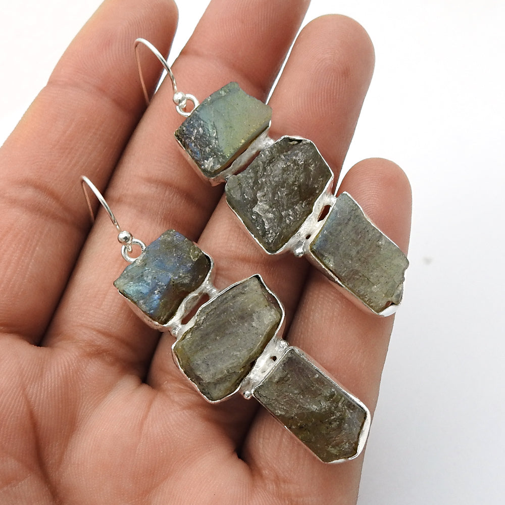 Rough Stone Natural Labradorite 925 Sterling Silver Earrings