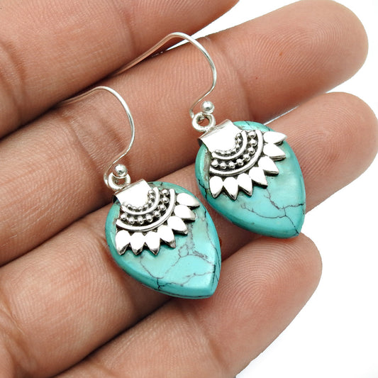 Pear Turquoise 925 Sterling Silver Boho Dangle Earrings Jewelry