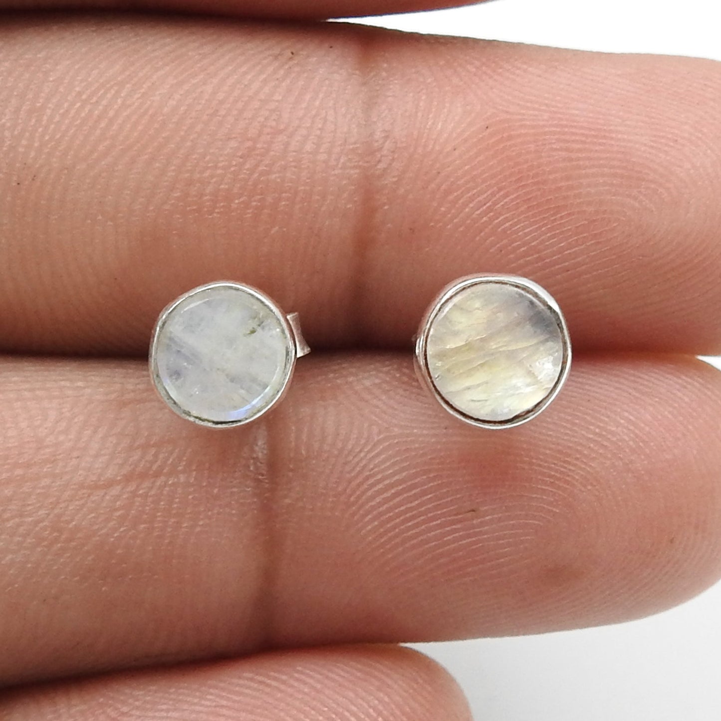 6mm Round Natural Rainbow Moonstone 925 Sterling Silver Bezel Stud Earrings