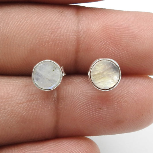 6mm Round Natural Rainbow Moonstone 925 Sterling Silver Bezel Stud Earrings