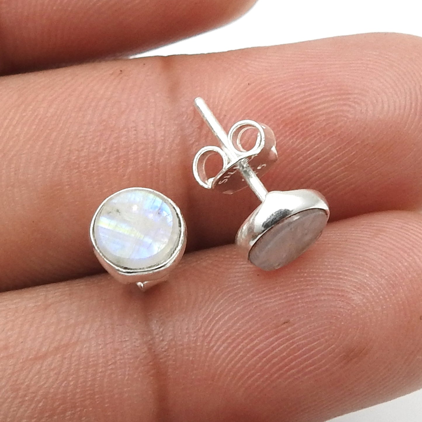 6mm Round Natural Rainbow Moonstone 925 Sterling Silver Bezel Stud Earrings