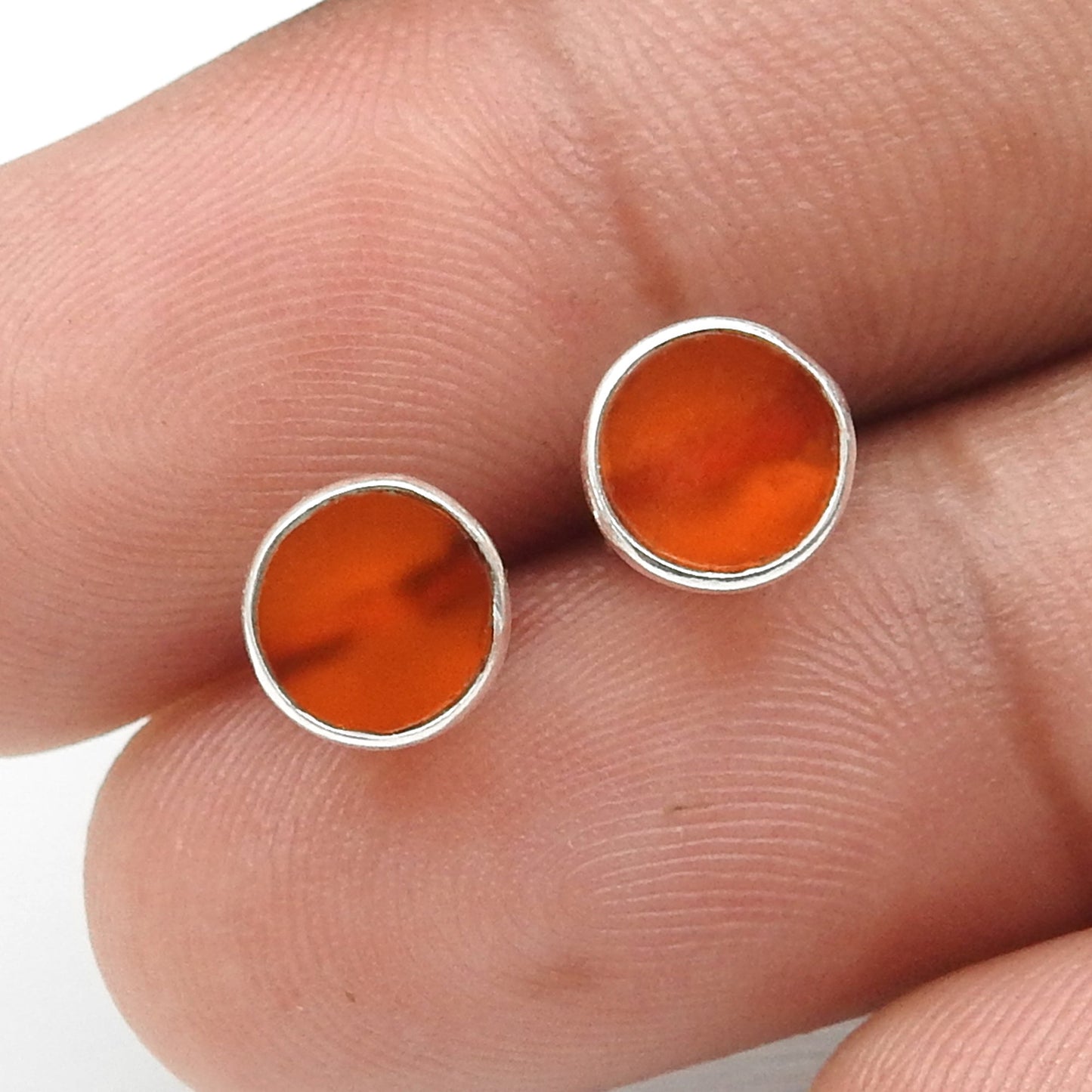 6mm Round Carnelian Gemstone 925 Solid Silver Bezel Stud Earrings