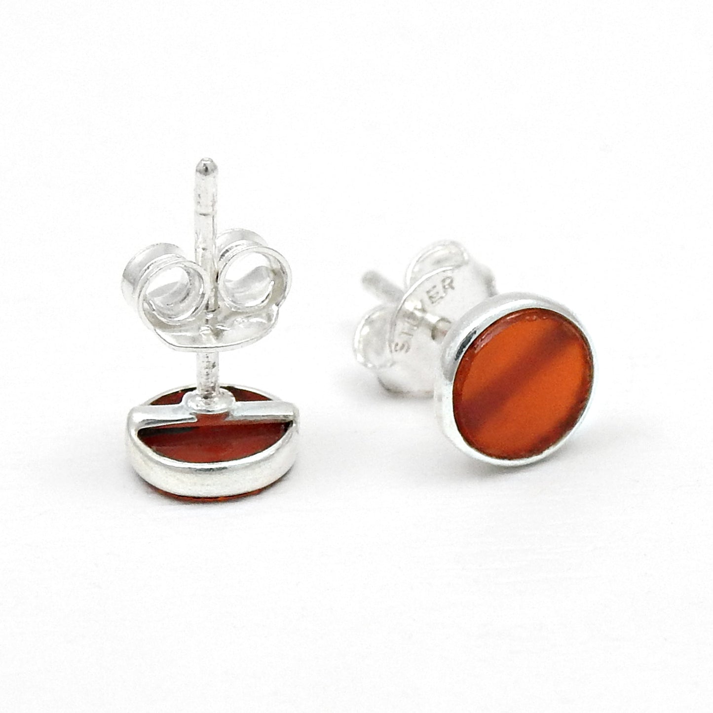 6mm Round Carnelian Gemstone 925 Solid Silver Bezel Stud Earrings