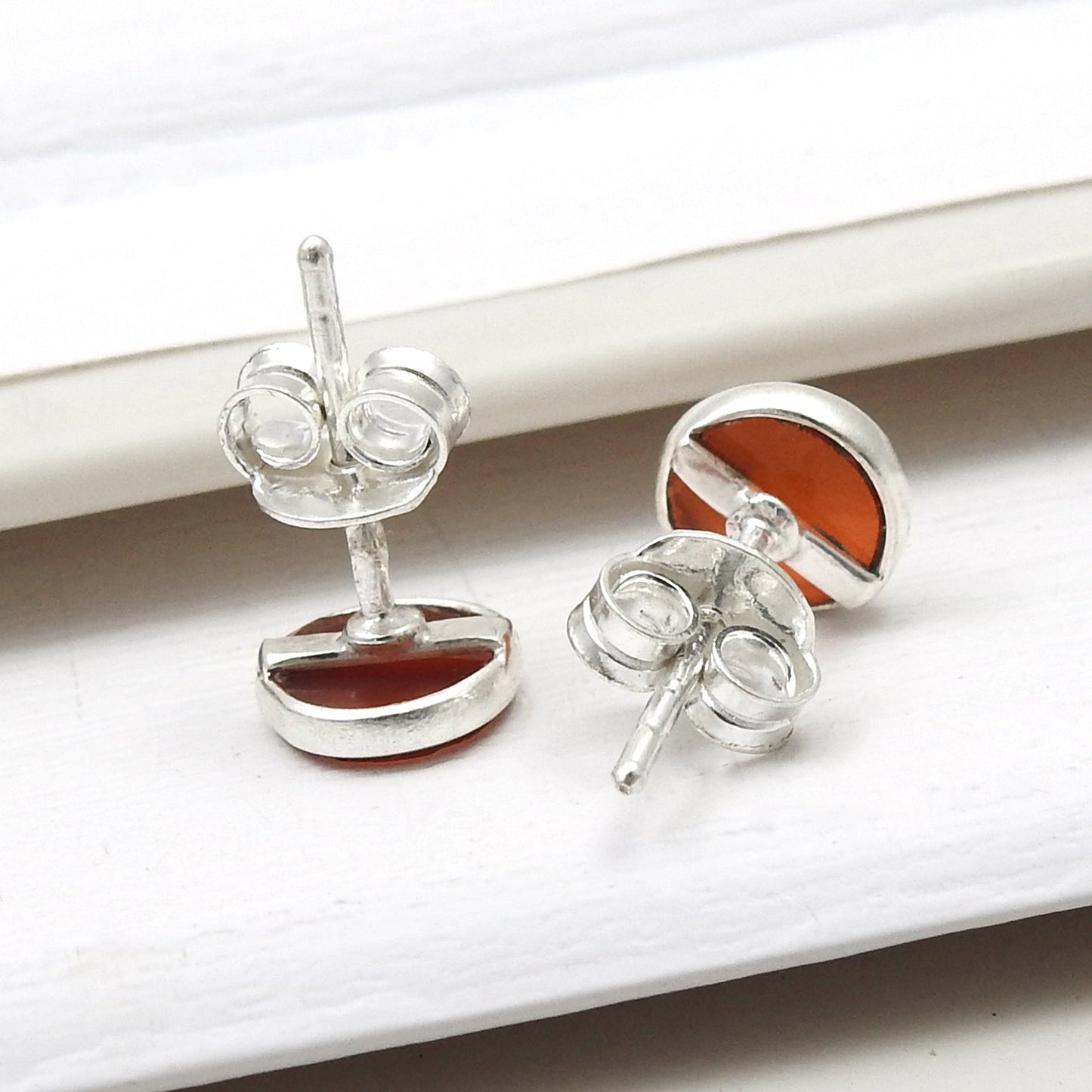 6mm Round Carnelian Gemstone 925 Solid Silver Bezel Stud Earrings